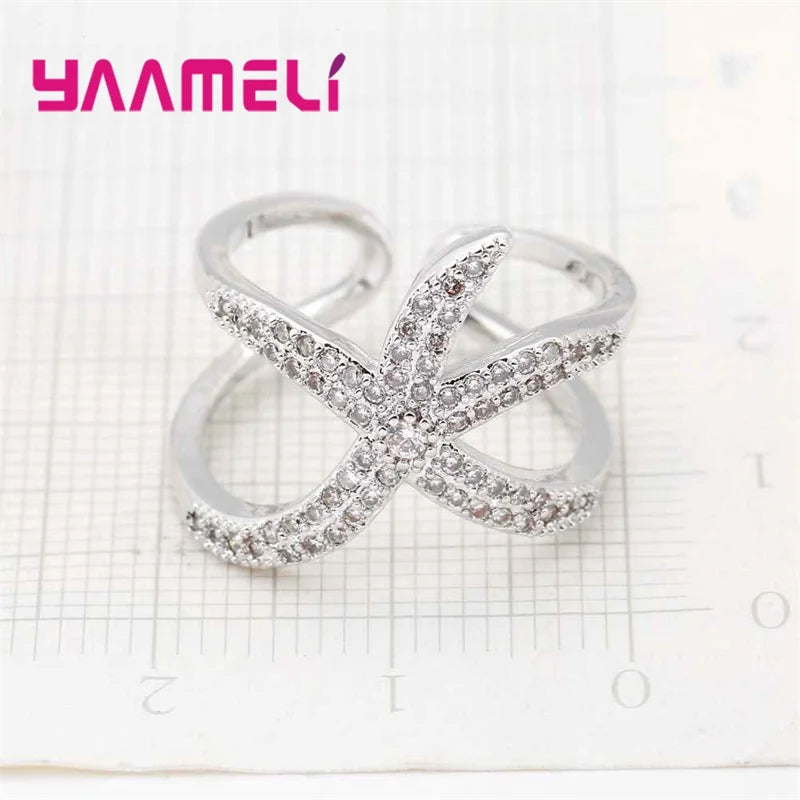 Newest Original 925 Sterling Silver Color Adjustable Ring Big Starfish Paved Shiny White Crystals Opening Rings Women Accessory Qme