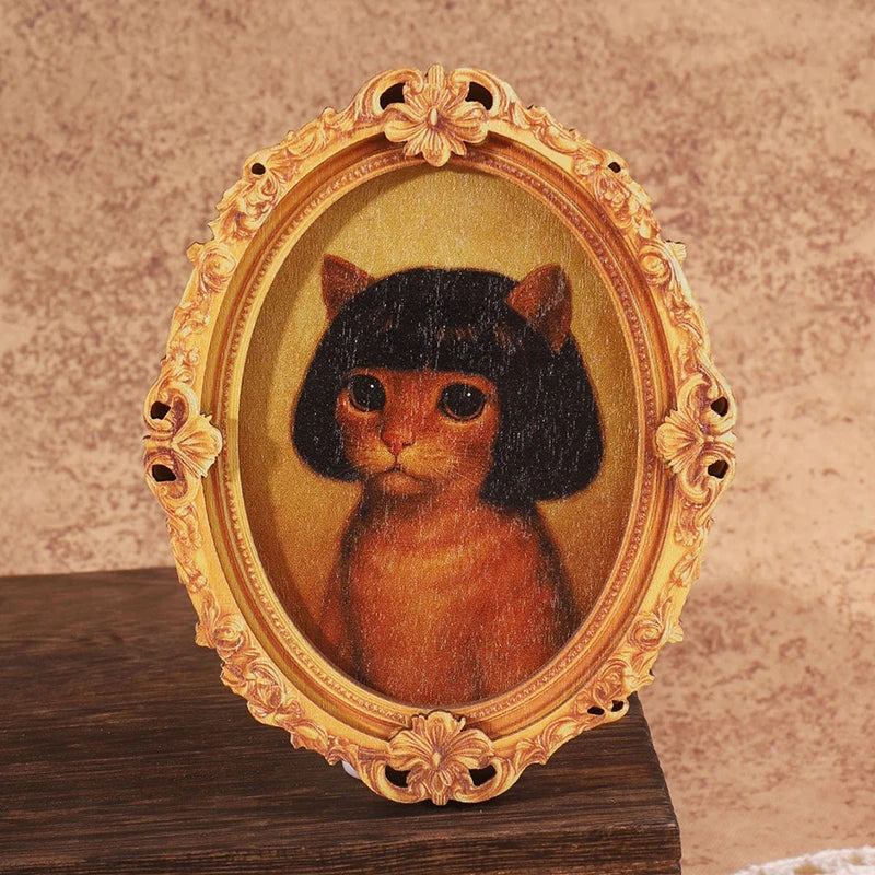 Mini Oval Retro Wooden Photo Frame Fridge Magnet Funny Cat Haircut Qme A1