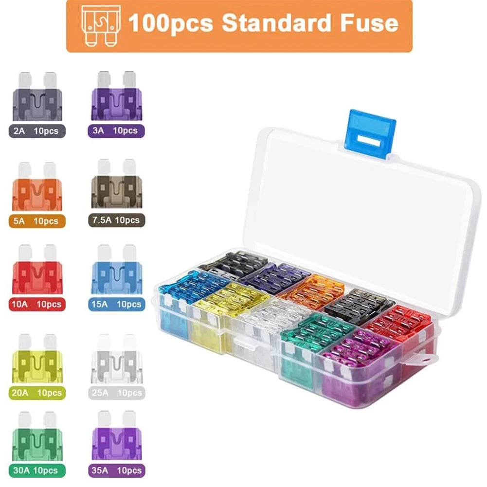 Blade Type Fuse Set 100Pcs Car Fuses 2A 3A 5A 7.5A 10A 10 Types 15A 20A 25A 30A 35A Car Fuse Assortment with Box Qme