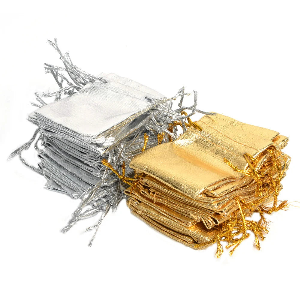 50pcs 5x7cm 7x9cm 9x12cm Metallic Foil Jewelry Packing Silver/Gold Color Drawstring Bag,Wedding Gift Candy Bags&Pouches Qme