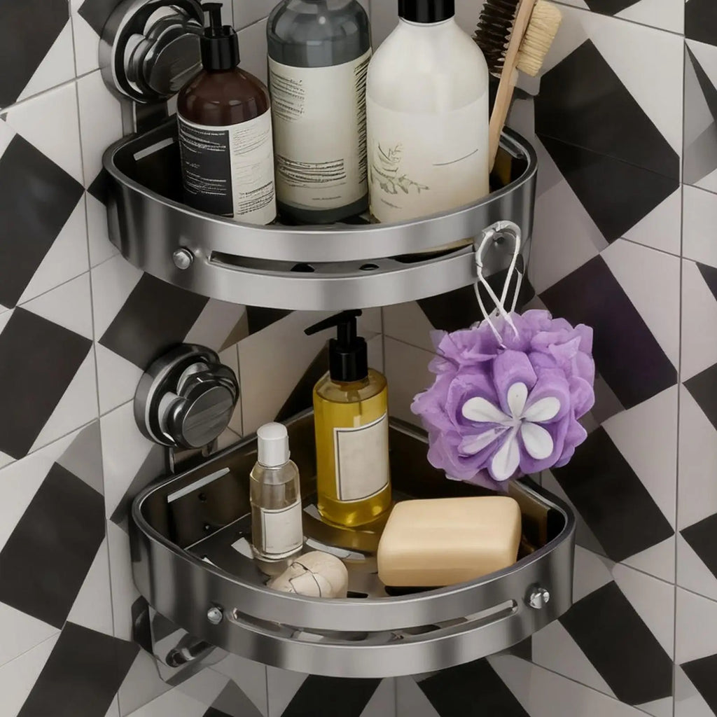 Corner Shower Shelves Suction Cup Rack Strong Suction Shower Shelves Corner For Shampoo Sponge Soap Body Wash Bathroom Qme