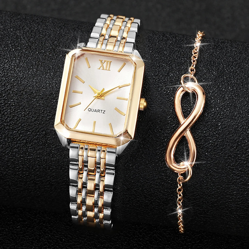 Hot Sale 2Pcs Women's Watch & Bracelet Set, Two-Tone Square Quartz Watch + Rose Gold Infinity Bracelet, Elegant Style Qme