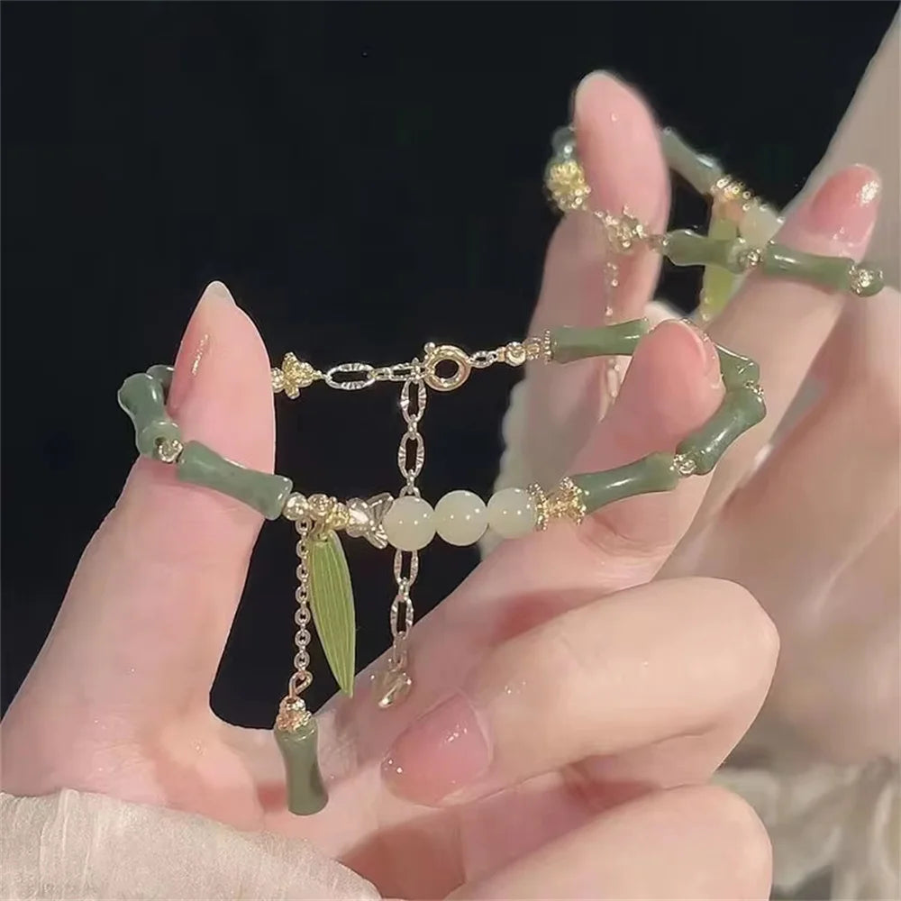 1Pcs Handmade Creative Sense Green Color Natural Stone Bamboo Joint Leaves Tassel Beads Strand Beaded Bracelet Women Accessories Qme
