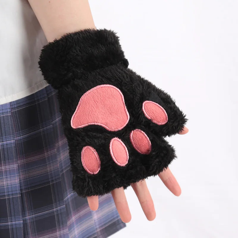 Women Cartoon Cat Claw Gloves Thickened Plush Lovely Bear Paw Exposed Qme