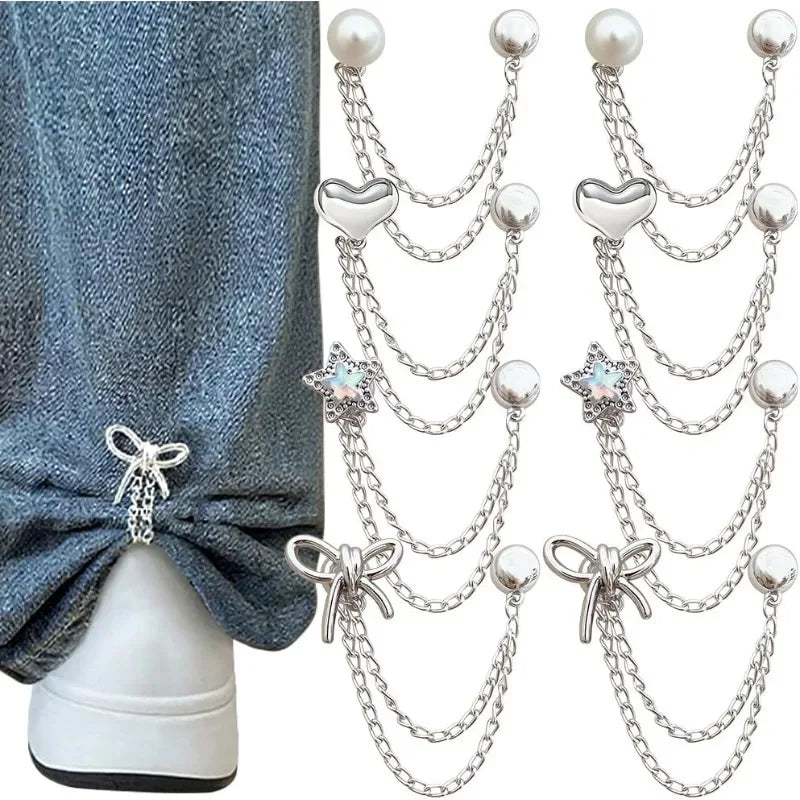 Multi Layer Tassel Chain Jeans Pants Cuff Clips Bow Star Pearl Decor Brooch Pins Adjustable Pant Leg Cuff Fixing Buckle Qme