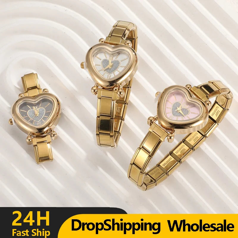 Wholesale Women's Men DIY 9MM Width Italian Elastic Charm Stainless Heart Shape Watch Bracelet Bangle For Birthday Jewelry Gifts Qme