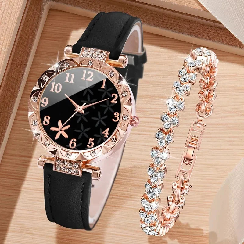 Rose Gold Black Leather Ladies Watch Set Crystal Bezel Flower Dial Heart Zircon Bracelet Women Workplace Jewelry Kit Qme black