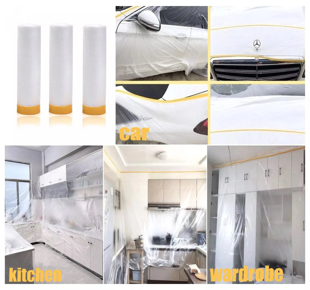 3 Sizes Pre-Taped Masking Film for Auto Painting Covering Tape and Drape Cloth PE Pre-Adhesived Dust Paint Protective Drop Film Qme