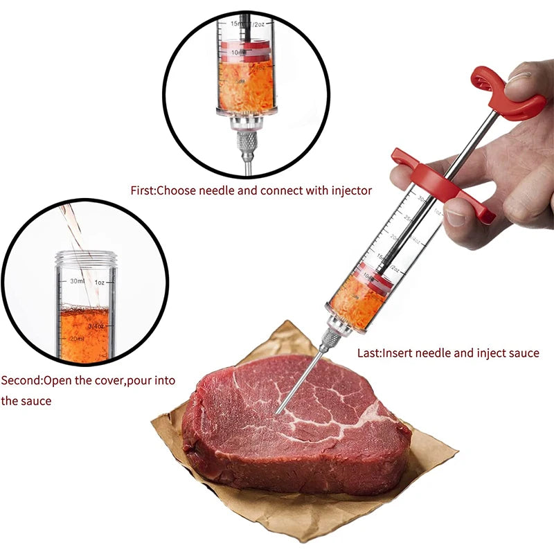 Meat Injector Syringe With 3 Marinade Injector Needles for BBQ Grill Turkey Injector Kit Marinade Flavor Injector Qme