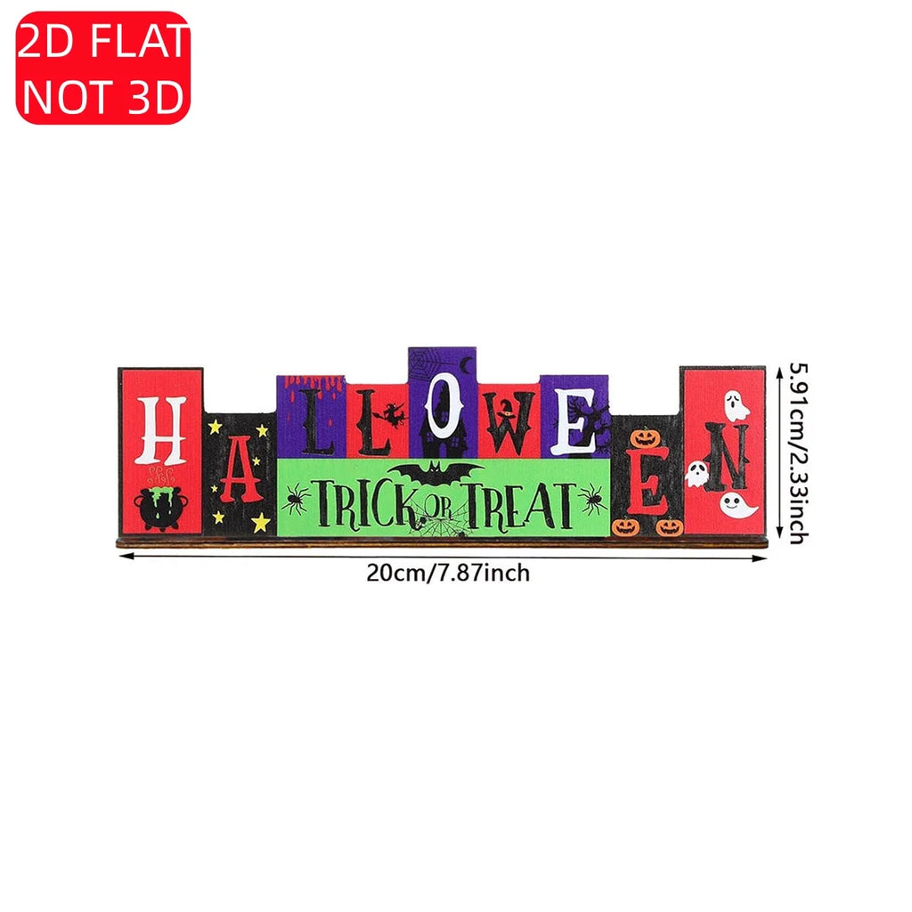 2D Flat Halloween Wooden Sign - "Halloween Trick or Treat" Decor with Ghosts, Pumpkins, Bats, Spiders & Cauldron Qme