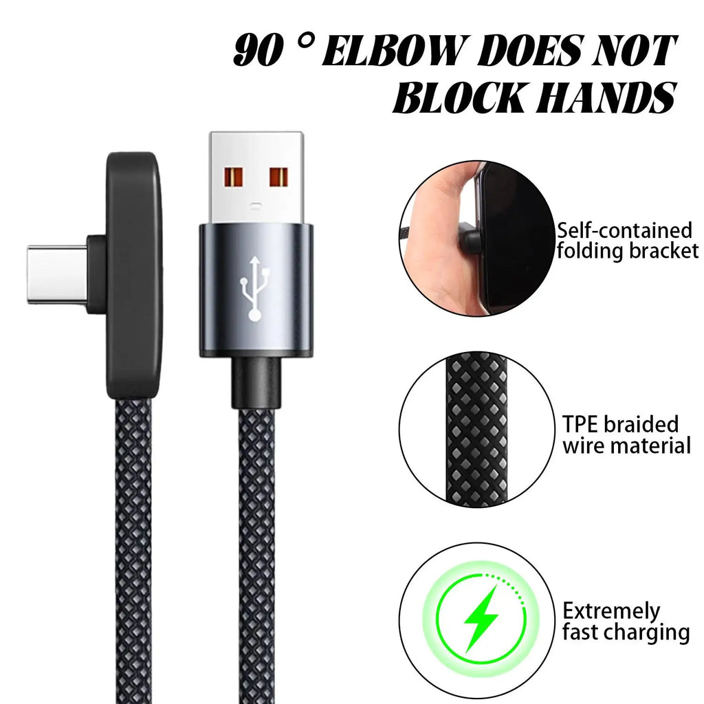 90 Degree 100W Right Angle USB C Fast Charging Cable Type C Charger Cord for iPhone Samsung Xiaomi Phones Braided Nylon Cables Qme