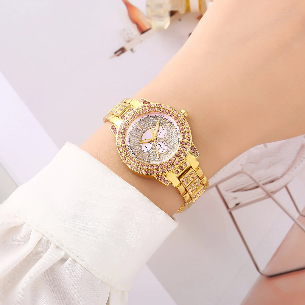 Glam Pink Crystal Rhinestone Gold Ladies Quartz Watch, Full Diamond Stainless Steel Band Multifunctional Dress Wrist Watch for Qme