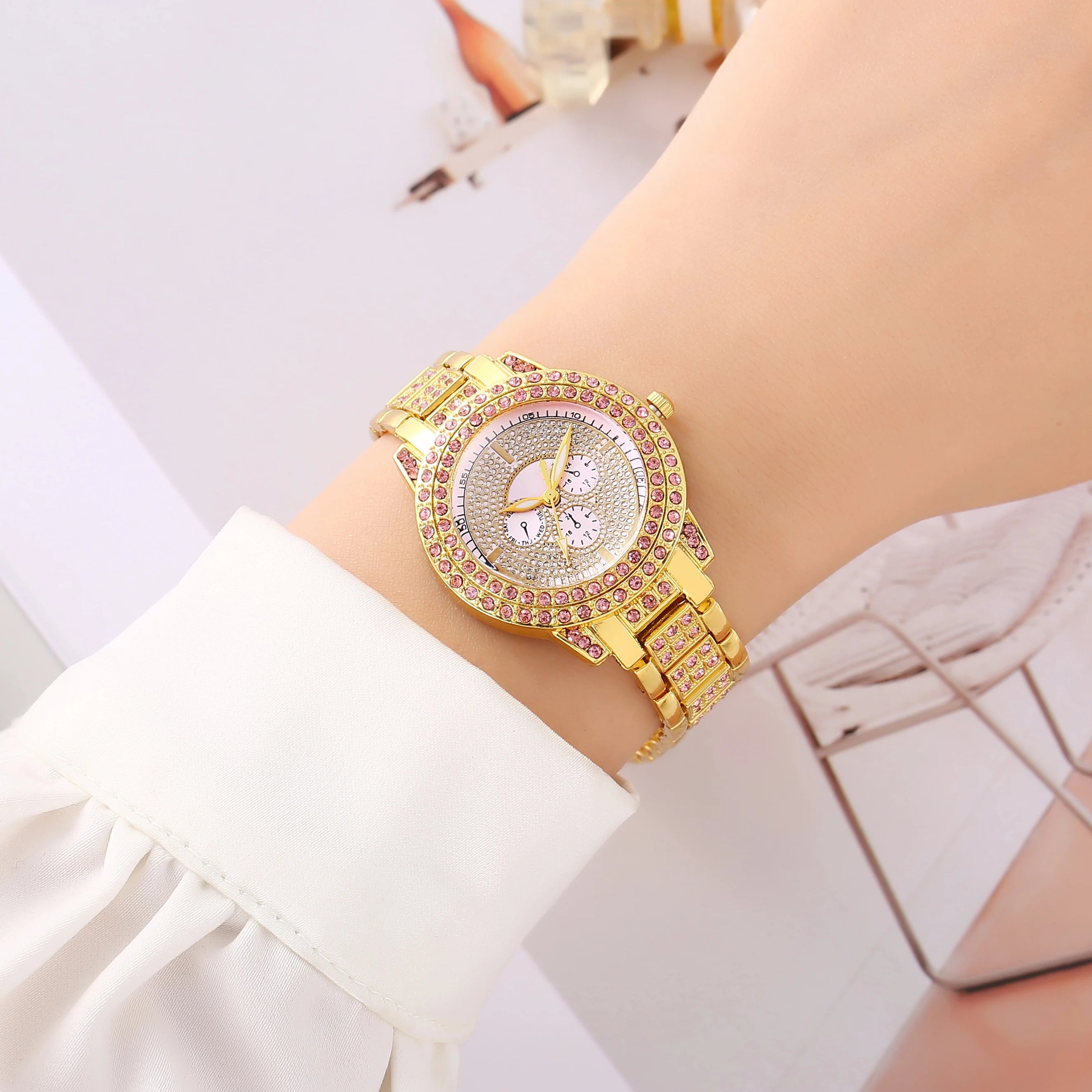 Glam Pink Crystal Rhinestone Gold Ladies Quartz Watch, Full Diamond Stainless Steel Band Multifunctional Dress Wrist Watch for Qme