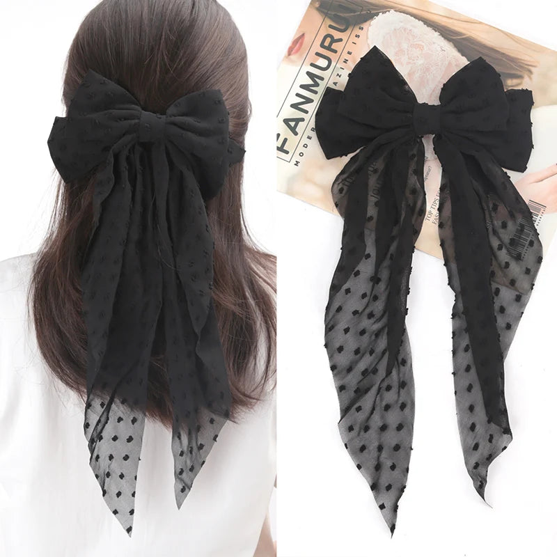 Black Chiffon Bow Hair Clip Women Large Bowknot Stain Hairpin Qme