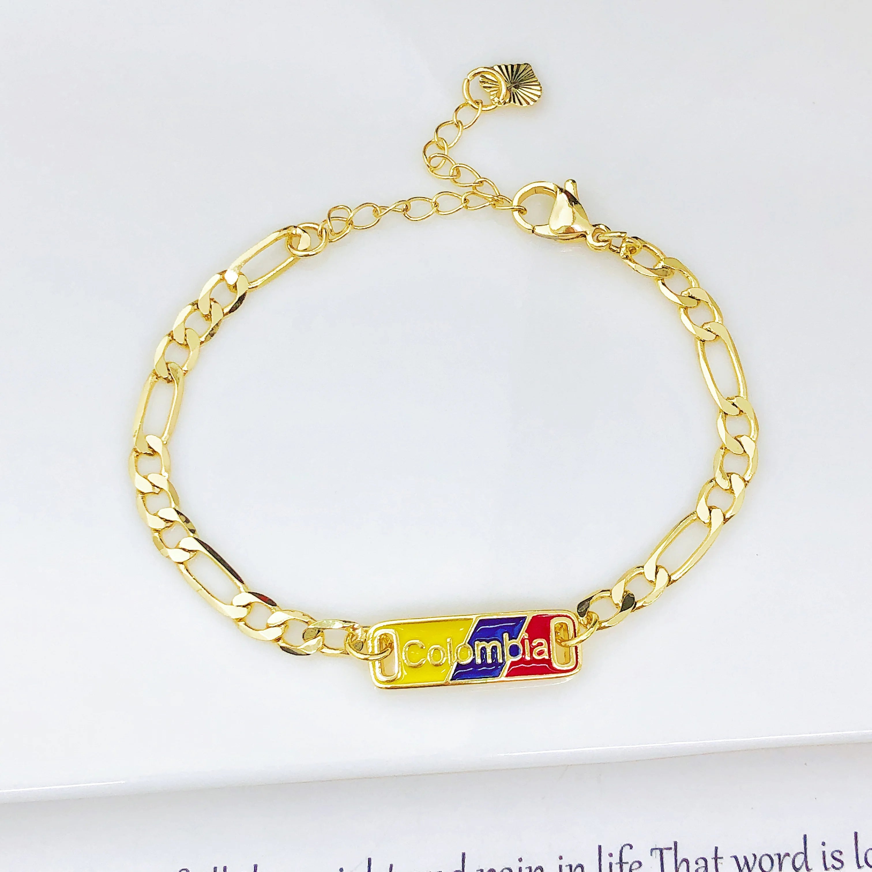 Adjustable Enamel Art Gold Plated Venezuela Colombia Flag Figaro Chain Bracelet for Men Women Holiday Anniversary Jewelry Gift Qme 2