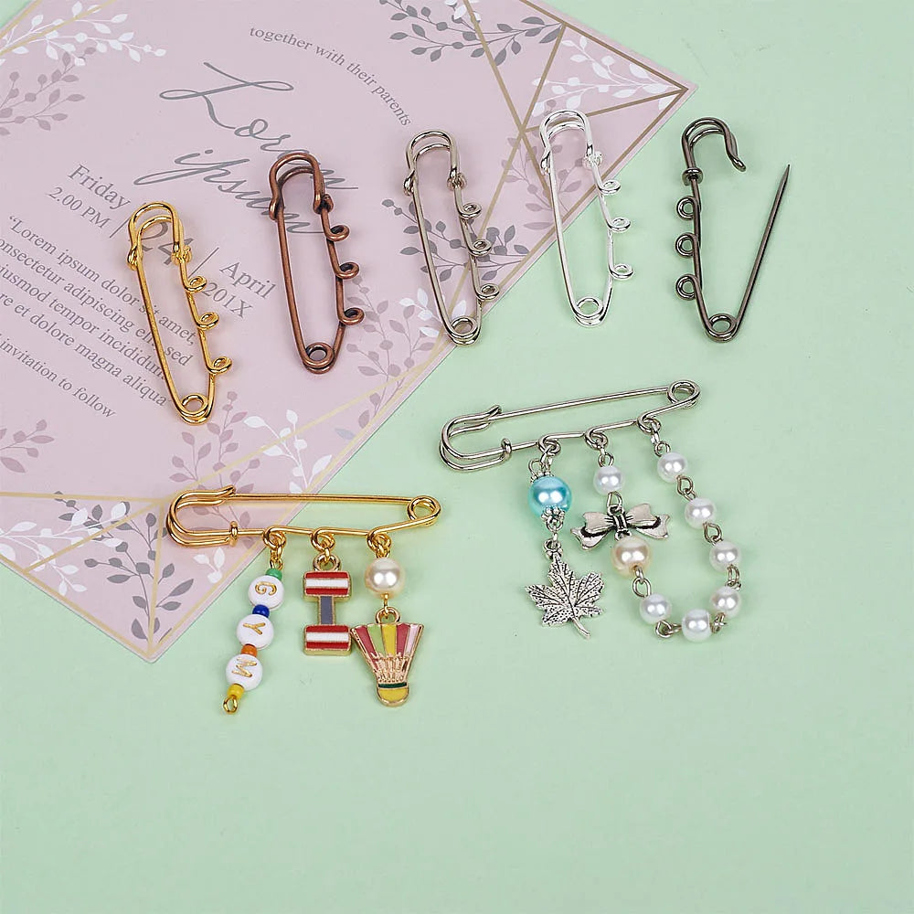 PandaHall 20pcs IP Plated 304 Stainless Steel Safety Pins, Triple Loop Brooch Findings 51x16x7mm, 1.3mm Pin for Lapel Pin Making Qme