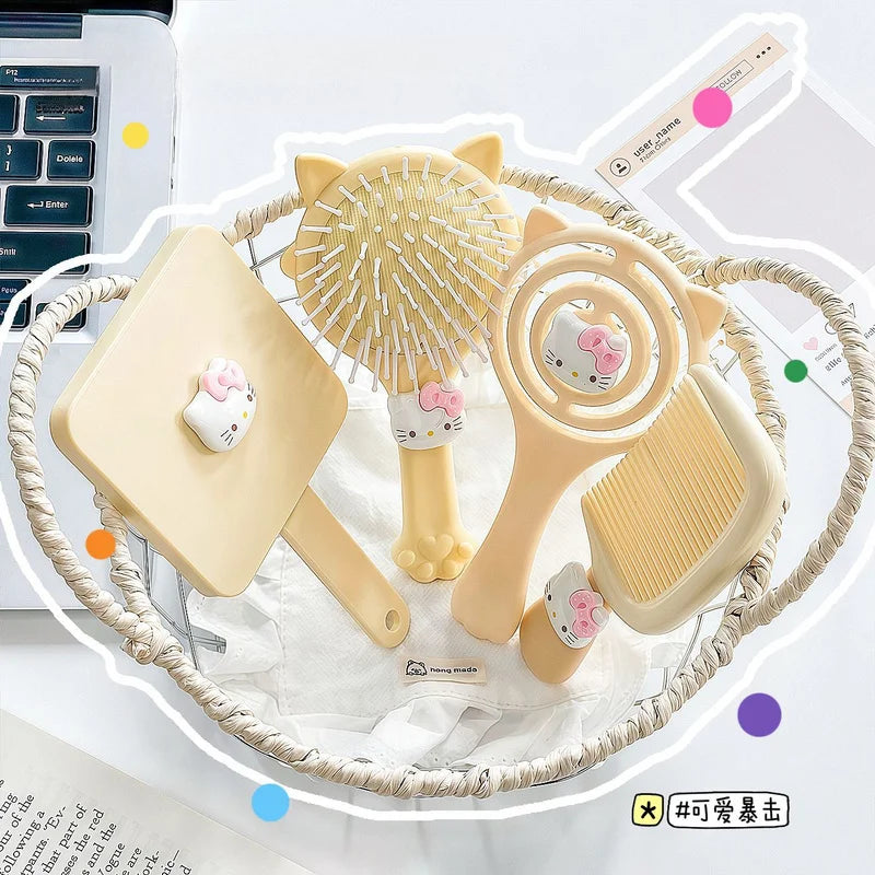 Hello Kitty Volumizing Openwork Comb Massage Cushion Comb Air-Cushion Comb Straightening Comb and Mirror 4-Piece Set Qme