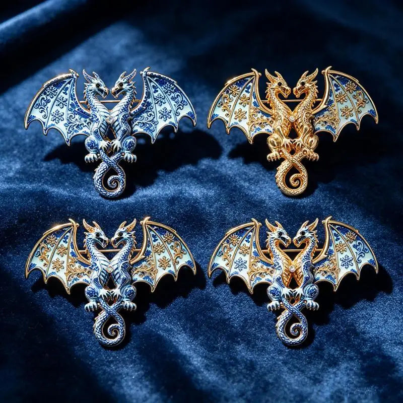 1Pcs Animal Double Headed Dragon Design Brooches for Men and Women Blue-and-White Porcelain-Inspired Jewelry Fashion Accessories Qme