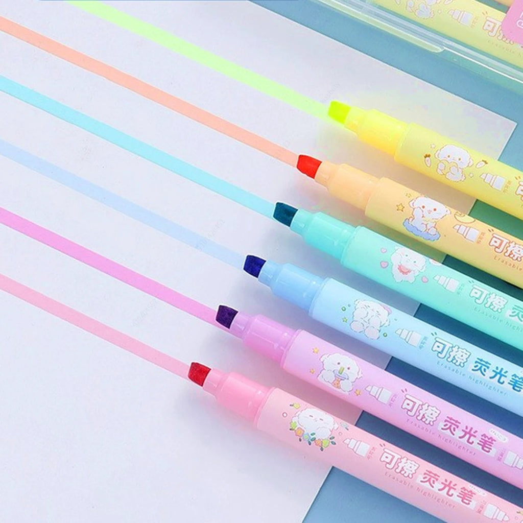 6Color/Set Double-ended Erasable Highlighter Kawaii Stationery Creative Graffiti Pen School Supplies Student Marker Highlighter Qme