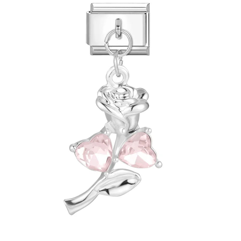 Shiny Colorful Zircon Pendant Series Red Cherry Bow Italian Charm Link Fit 9mm Stainless Steel Bracelet Women Jewelry DIY Making Qme Style 29