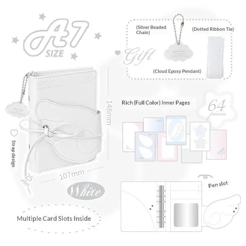 Angel Wings Notebook Cute 3 Fold Binder Journal PU Leather Multi Qme A