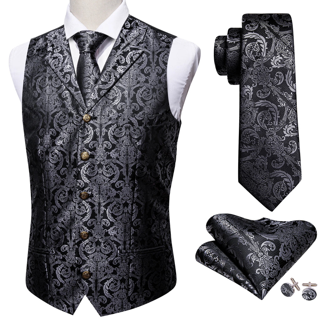 Men's Floral Vest Tie Hanky Cufflinks Formal Blue Grey Green Qme