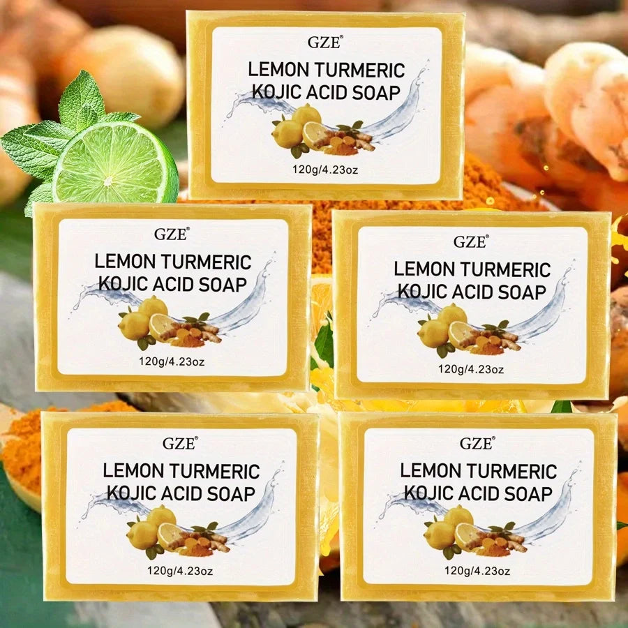 5 Pack GZE Body Restore Lemon Turmeric Kojic Acid Soap, with Shea Butter, For Face Dark Spots, Body, Rejuvenating, Exfoliating Qme