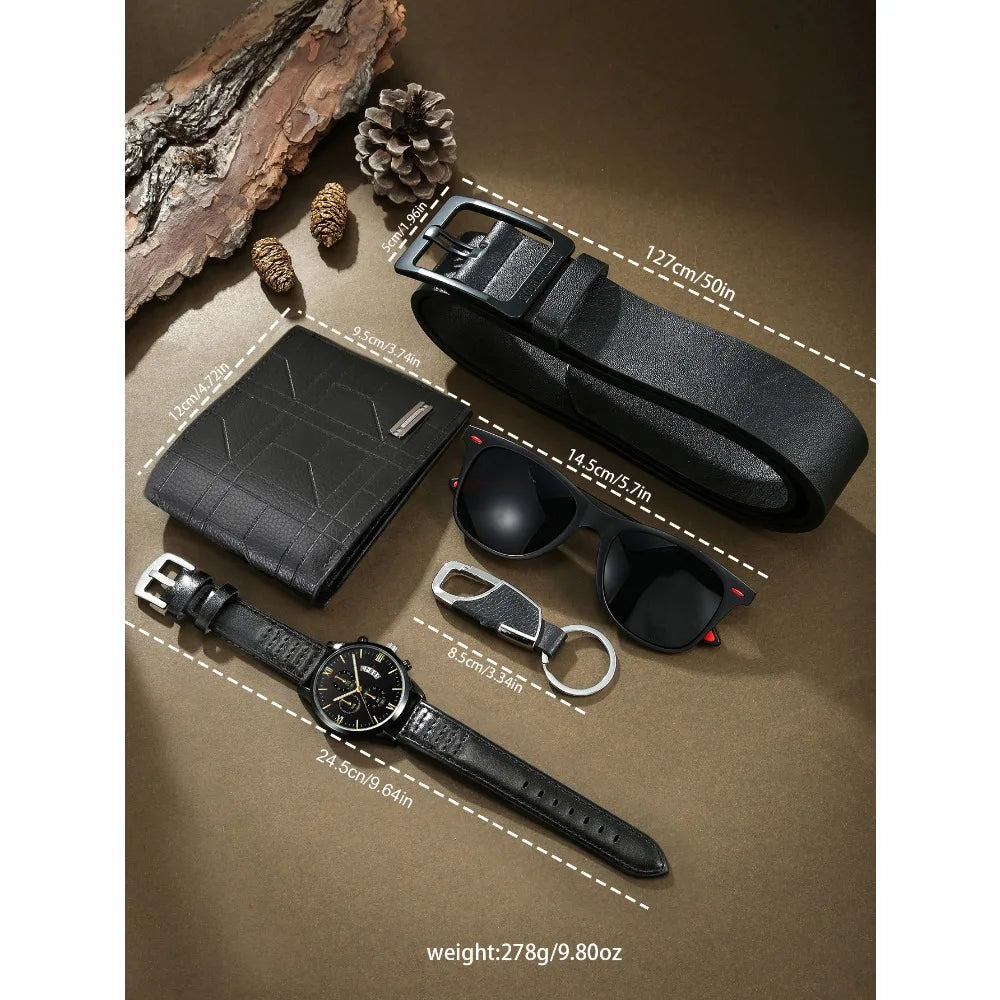 Conjunto de caixas de presente de couro versátil masculino, elegante e versátil, óculos bonitos, cinto, chaveiro,carteira casual Qme