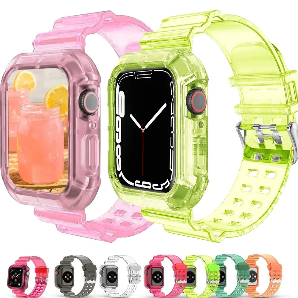 Clear Band + Case for Apple Watch Series 9 8 7 6 SE 5 49mm 45mm 44mm 42mm 41mm Transparent for iwatch 3 38mm 40mm Plastic Strap Qme