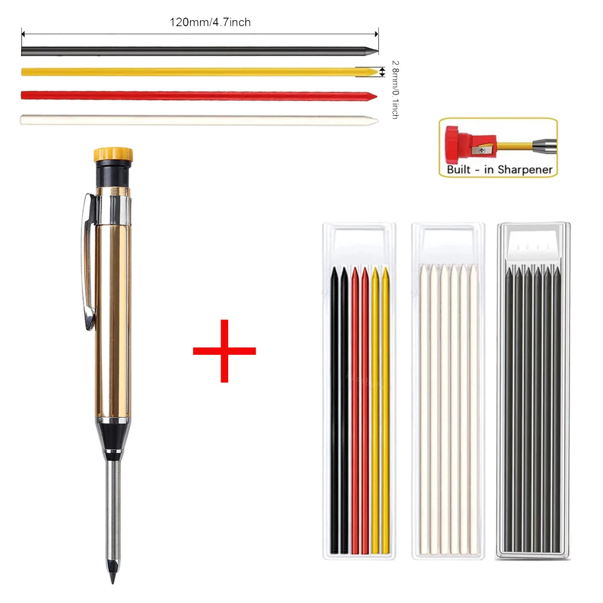 Metal Solid Carpenter Pencils with Sharpener Carpenter 2.8mm Solid Mechanical Pencils Marking Tools Construction/Carpenters Qme 1 gold pen-3 refills