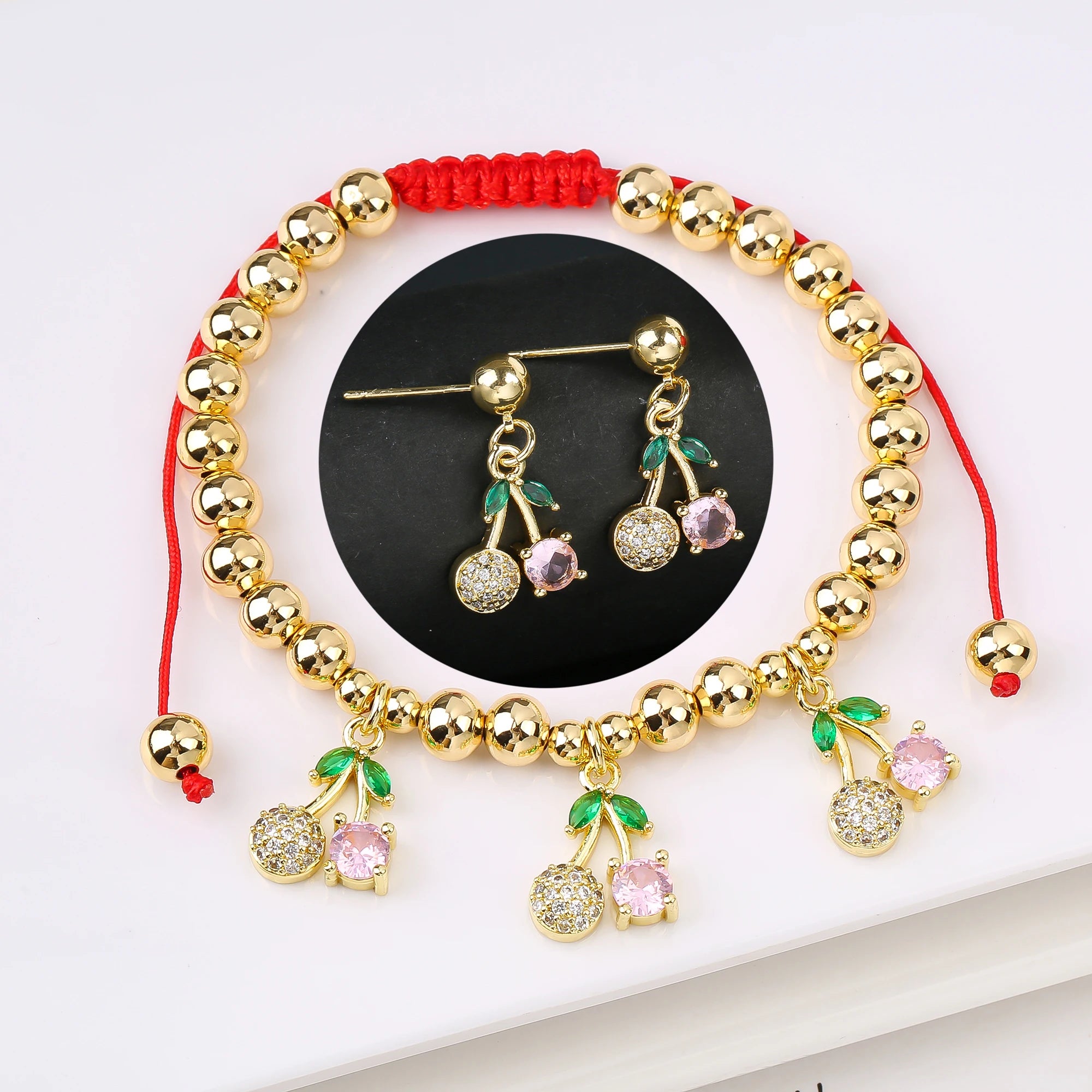 2PCS Trendy Red Cherry Strawberry Bracelet Earring Fruit Set for Women Casual Vacation Zirconia Jewelry Girls Lucky Gift Qme Jewelry Set 9