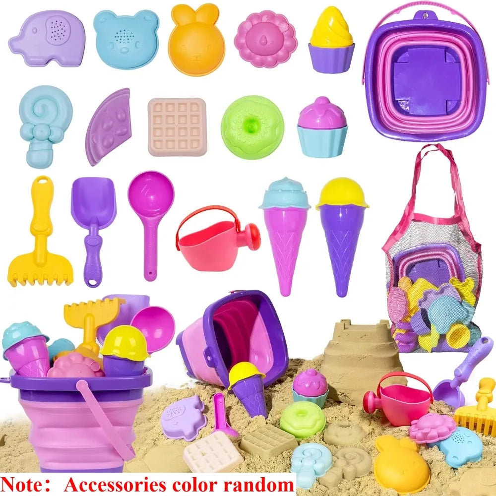 Beach Sand Toys for Kids Beach Toys Set with Ice Cream Cake Sand Molds Mesh Beach Bag Shovel Rake for Toddler Sandbox Outdoor Qme 18Pcs Purple