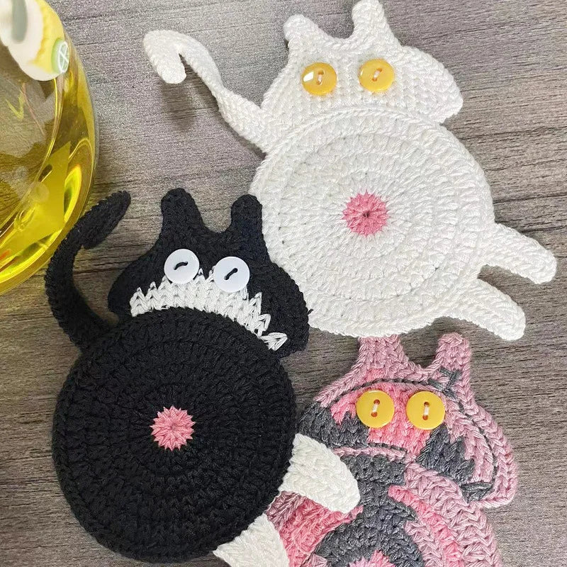 Knitted Cat Butt Coasters Cute Shaped Drink Mats Home Dining Table Qme