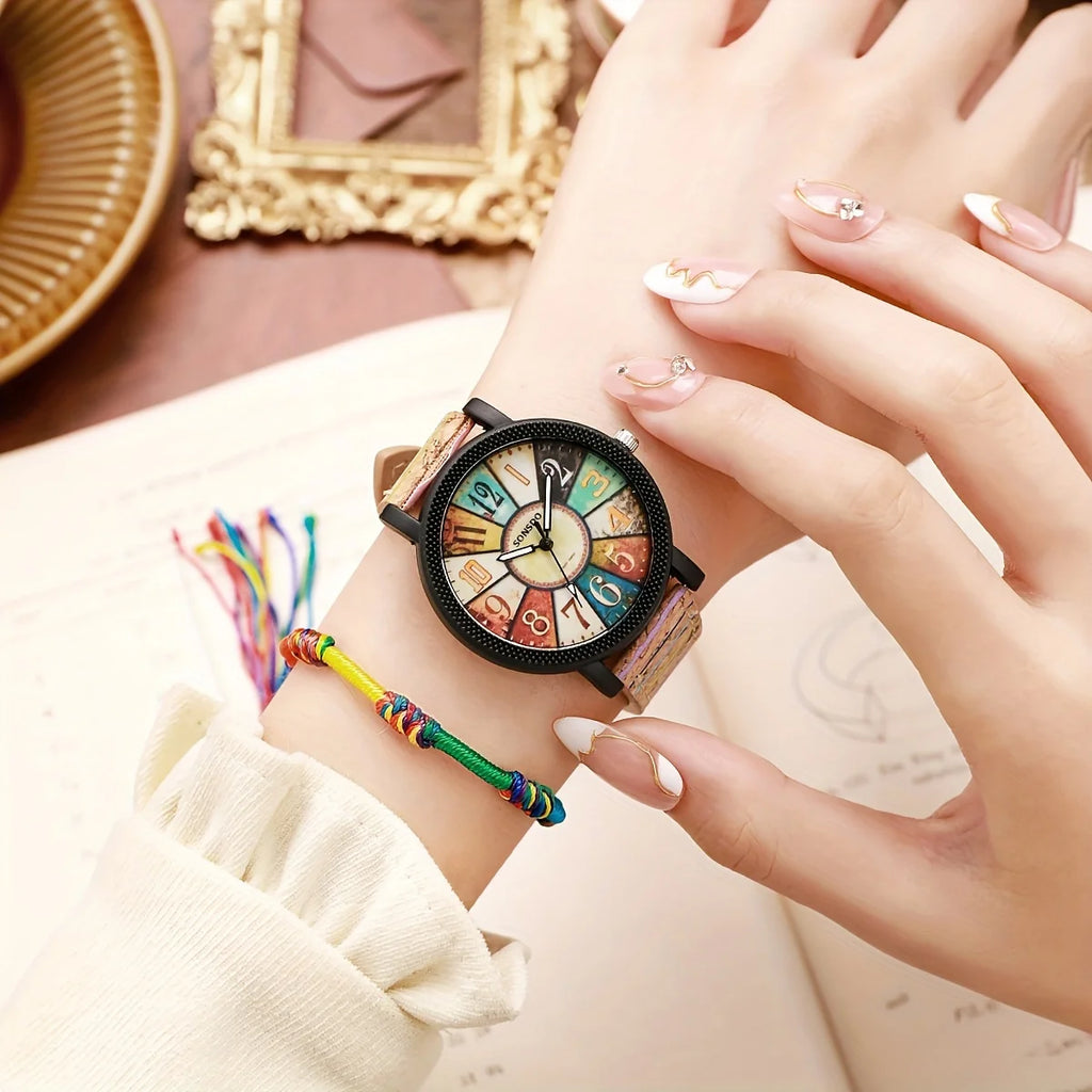 Ethnic Style Ladies Quartz Watch Colorful Cork Strap Matching Rainbow Tassel Bracelet Student Casual Jewelry Set Qme Bronze