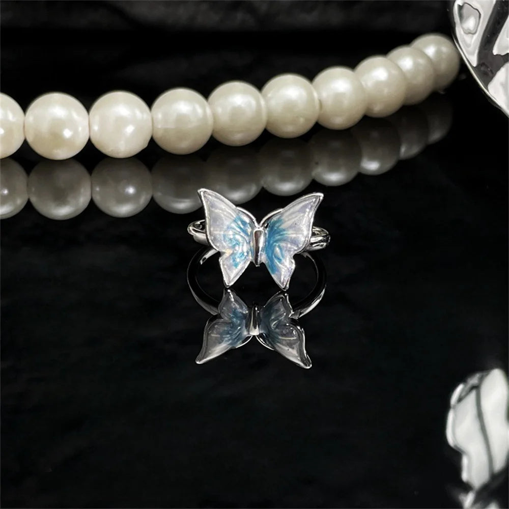 Exquisite Ice Blue Butterfly Open Ring, Fashionable Women's Simple Style Jewelry Party Cocktail Party Accessories Qme -2 resizable