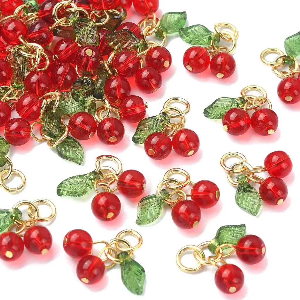 PandaHall 30Pcs Glass Red Cherry Charms Acrylic 3D Cherry Charms with Loop Acrylic Fruit Charms for DIY Jewelry Making findings Qme