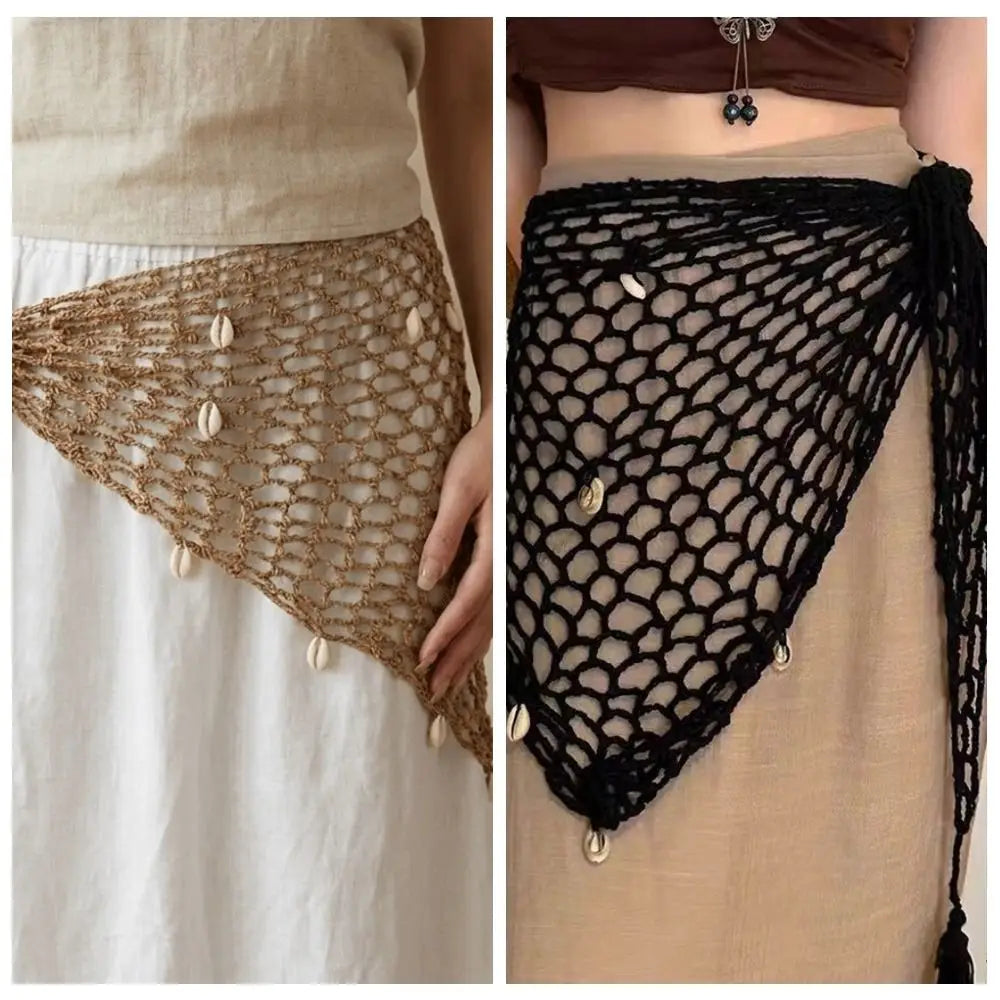 Boho Solid Triangle Hip Scarf Shell Mesh Crochet Short Skirt Wrap Qme