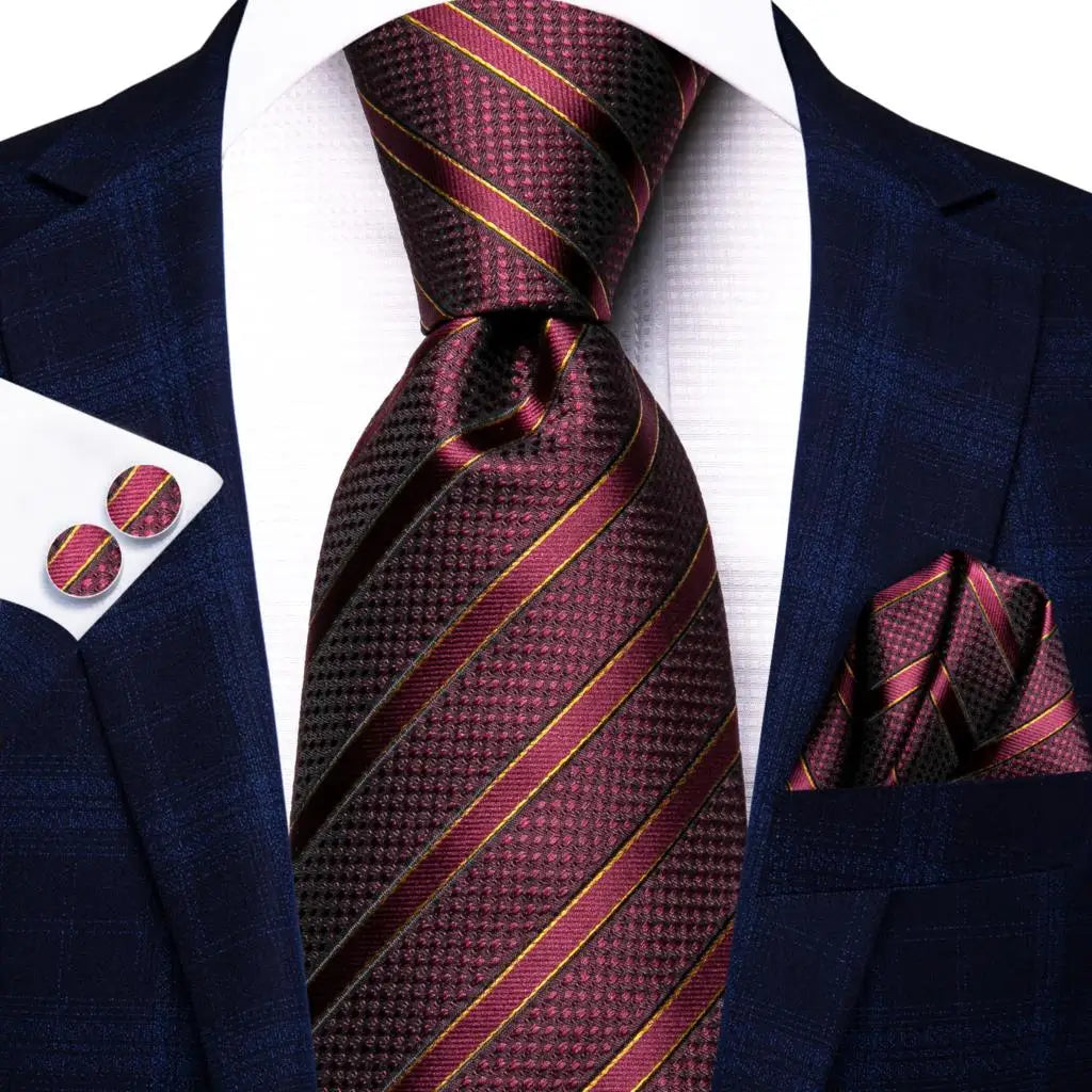Hi-tie Men Fashion Striped Navy Blue Necktie Handkerchief Cufflinks Qme 3812