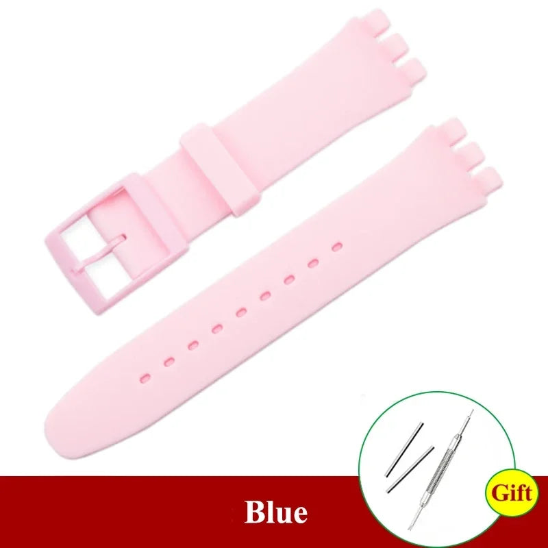 16mm 17mm 19mm 20mm Soft Silicone Bracelet Colorful Watchband for Swatch Watch Strap Replacement Watches Accessories with Tool Qme Pink 19mm