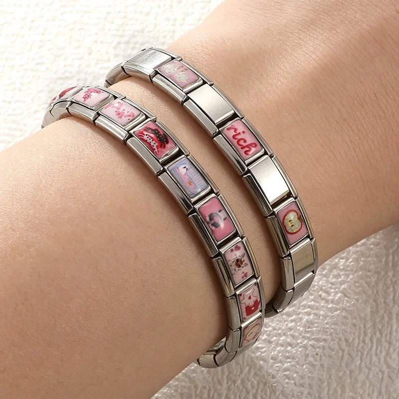 Y2K Plum Blossom Pink Black UFO Cute Flower Cat Italian Charm Link Fit 9mm Stainless Steel Module Women's Bracelet MakingJewelry Qme