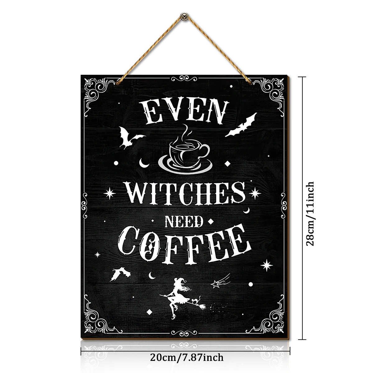Halloween Wooden Wall Hanging Sign - Retro "Even Witches Need Coffee" Witch Coffee Cup Bat, Halloween Kitchen Home Decoration Qme
