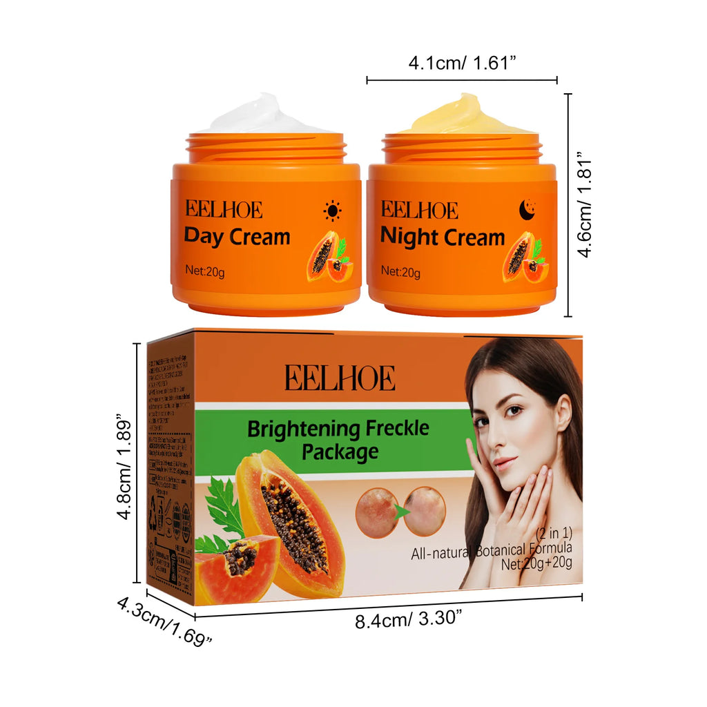 Papaya Brightening Freckle Face Cream Set Day Night Sun Spots Corrector Fade Pigment Brighten Skin Tone Day & Night Moisturizer Qme