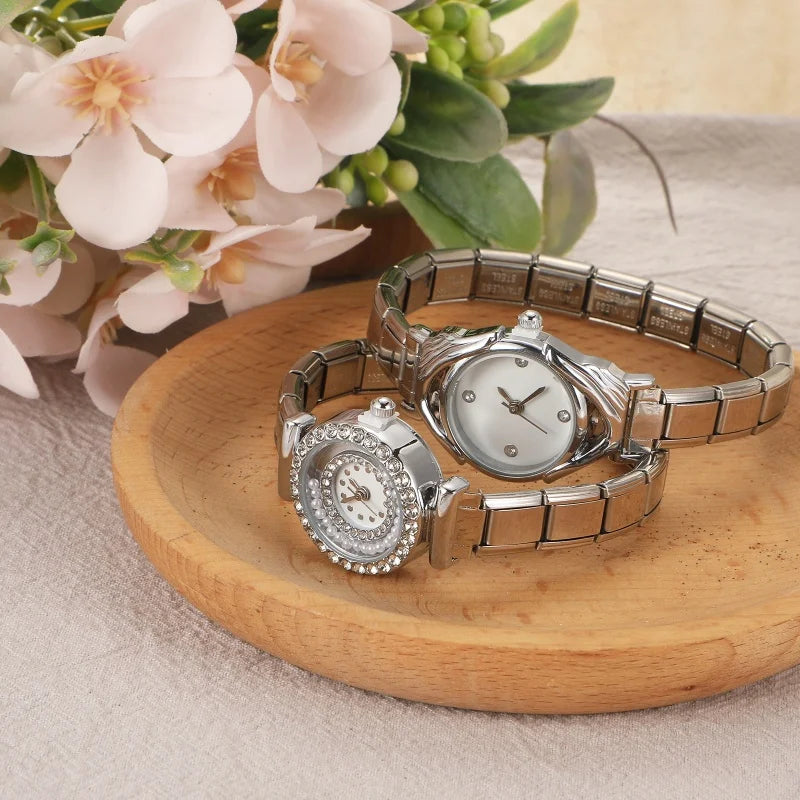 2026 Fashion Men Women's Stainless Steel Zircon Spinning Pearl Round Watch Head Bracelet Bangle for Friend Wife Birthday Jewelry Qme