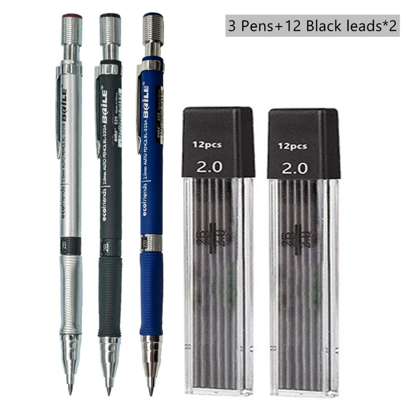 2.0mm Mechanical Pencil Set with 2B Black/Colors Lead Refill for Writing Sketching Art Drawing Painting School Automatic Pencil Qme Black Pencil set B