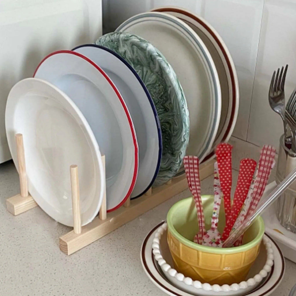 Vertical Wooden Dish Drying Rack Stable Base 6 Grids Easy To Install Pine Wood Vertical Wooden Plate Rack for Cutting Boards Qme