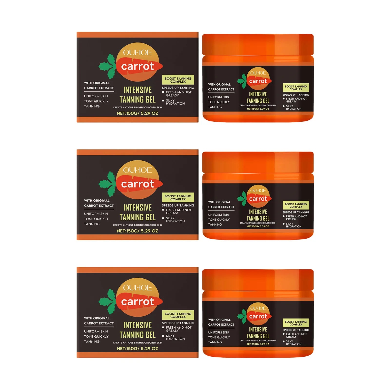 Carrot Tanning Gel Hydrating Lightweight Fast Absorbing Bronzing Gel Moisturizing Natural Sunless Tan Enhancer for Face & Body Qme 3 x 150g Boxed