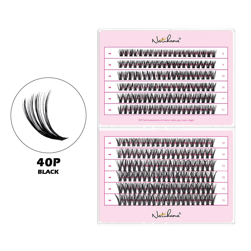 NATUHANA 10D 20D 30D 40D Cluster Eyelashes DIY Mink Individual Lashes Qme 40P Black Mix 8-15mm
