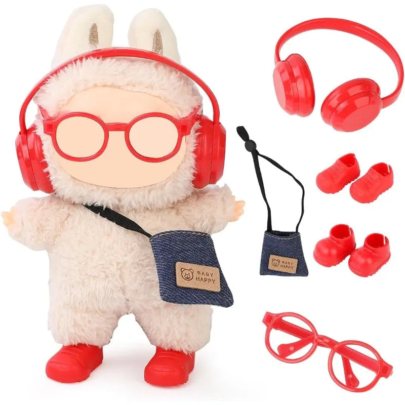 Suitable for LABUBU15-17cm dolls, 4 pairs of headphones, glasses, backpacks, shoes, interesting accessory decorations Qme Red