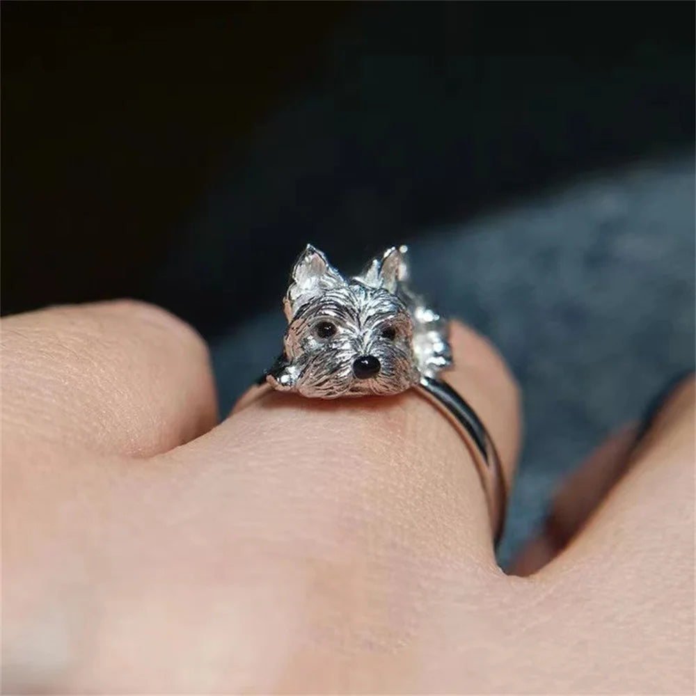 New Cute Personalized Dog Open Ring Female Silver Unique Realistic Animal Ring Jewelry Qme