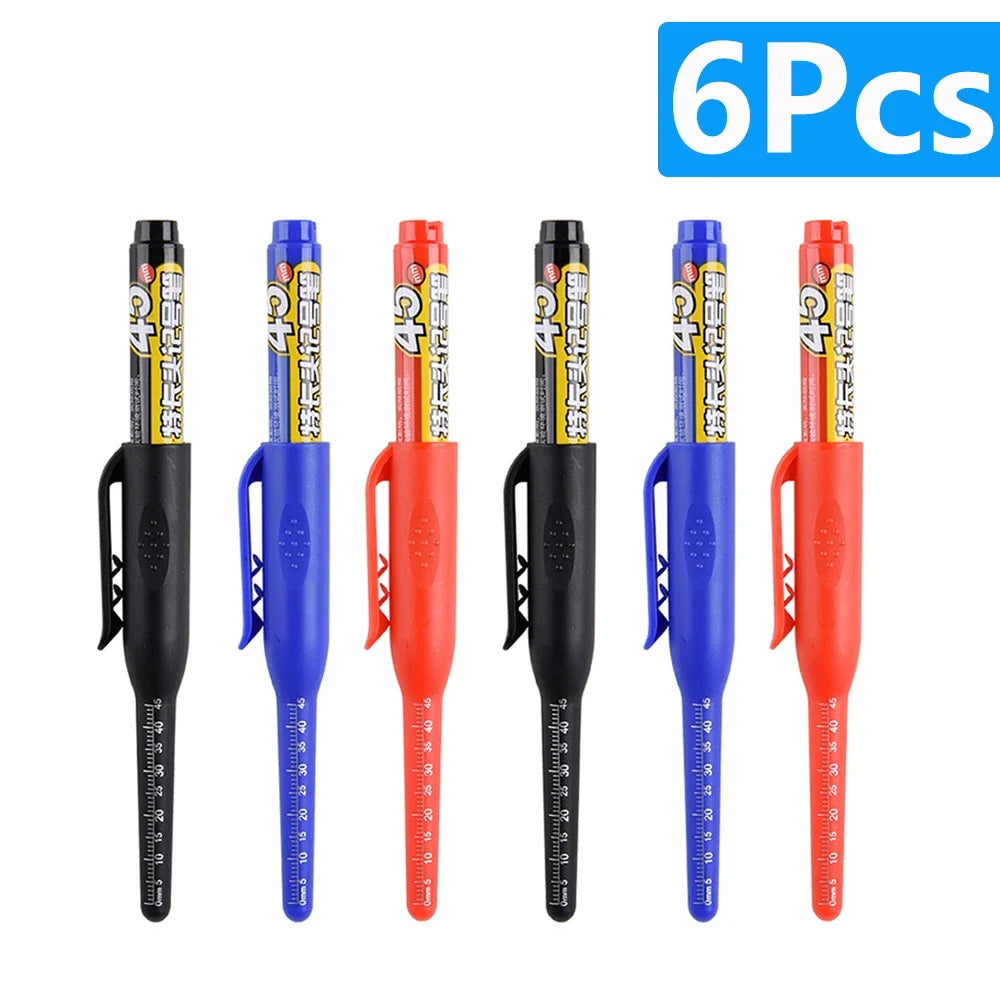 6Pcs 45mm Waterproof Long Head Nib Deep Hole Markers Pen Tile Carpenter Pen Multi-purpose for Woodworking Black/Blue/Red Ink Qme 6pcs Mixed